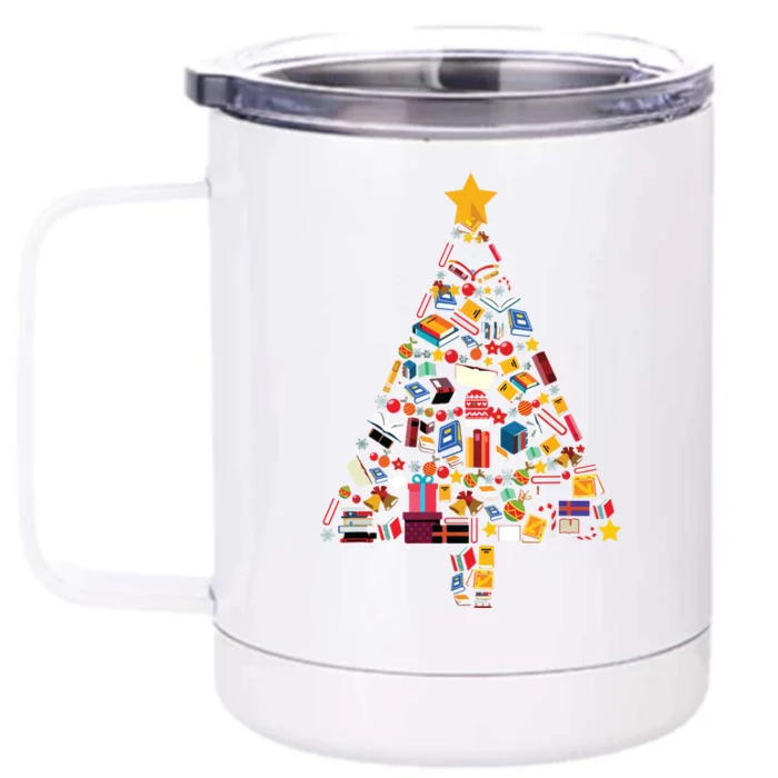 Books Christmas Tree Reading Club Librarian Library Xmas Front & Back 12oz Stainless Steel Tumbler Cup