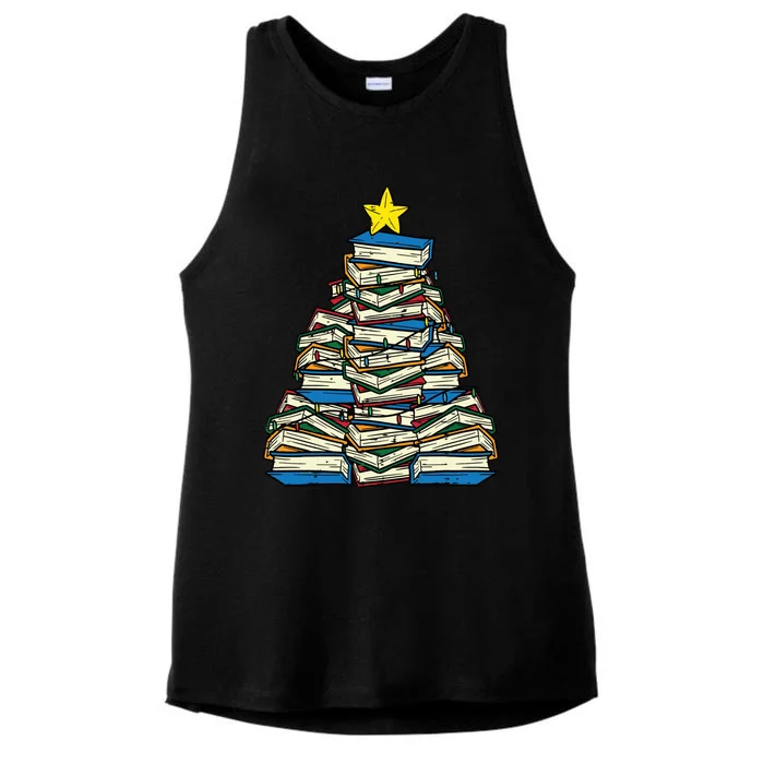 Books Christmas Tree Reading Xmas Teacher Librarian Ladies Tri-Blend Wicking Tank