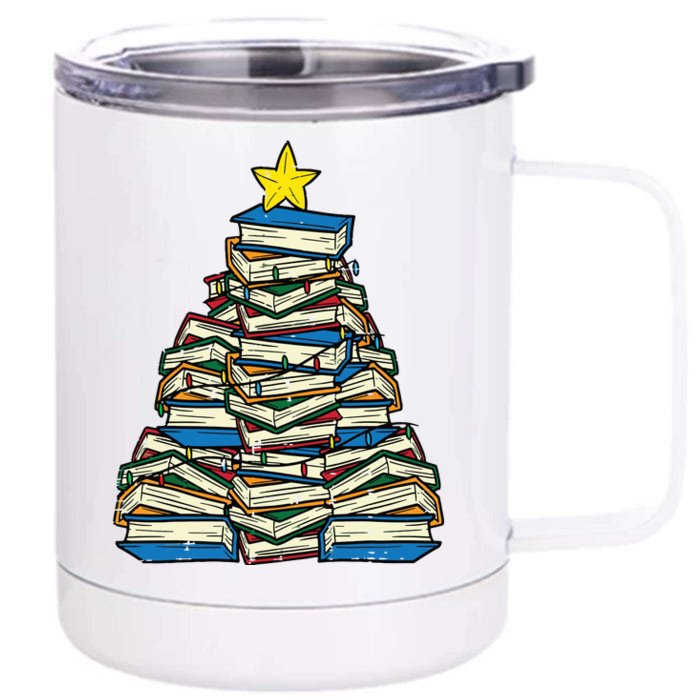 Books Christmas Tree Reading Xmas Teacher Librarian Front & Back 12oz Stainless Steel Tumbler Cup