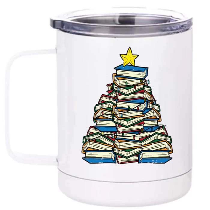 Books Christmas Tree Reading Xmas Teacher Librarian Front & Back 12oz Stainless Steel Tumbler Cup