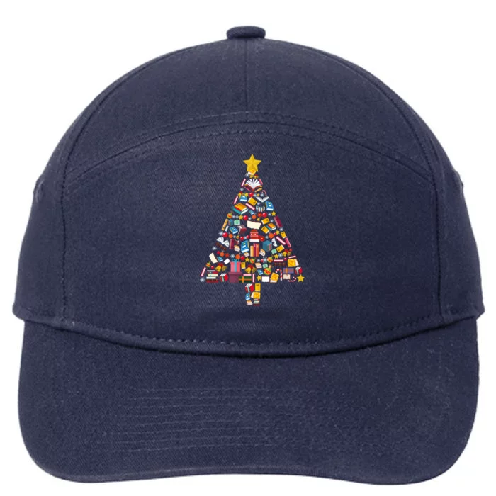 Books Christmas Tree Reading Club Librarian Library Xmas Gift 7-Panel Snapback Hat