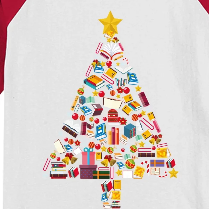 Books Christmas Tree Reading Club Librarian Library Xmas Gift Kids Colorblock Raglan Jersey