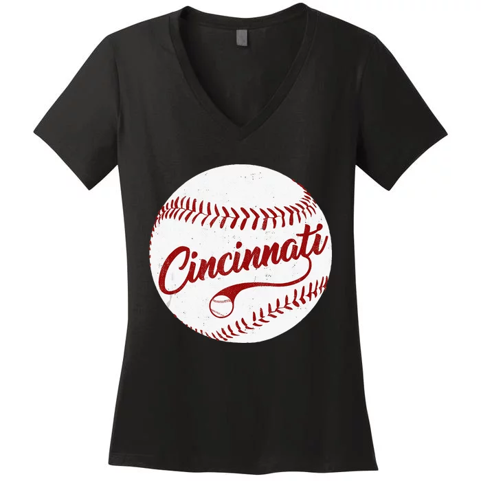 Baseball Cincinnati Vintage Ball Red Seam National Pastime Women's V-Neck T-Shirt