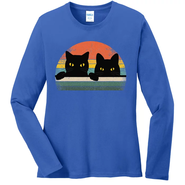 Black Cat Vintage Retro Style Cats Lover Ladies Long Sleeve Shirt