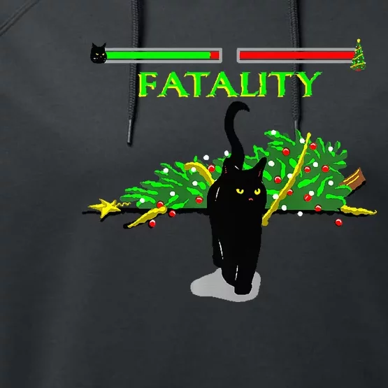 Black Cat Vs Christmas Tree Retro Video Fighting Game Funny Performance Fleece Hoodie