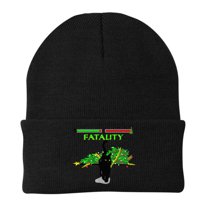 Black Cat Vs Christmas Tree Retro Video Fighting Game Funny Knit Cap Winter Beanie