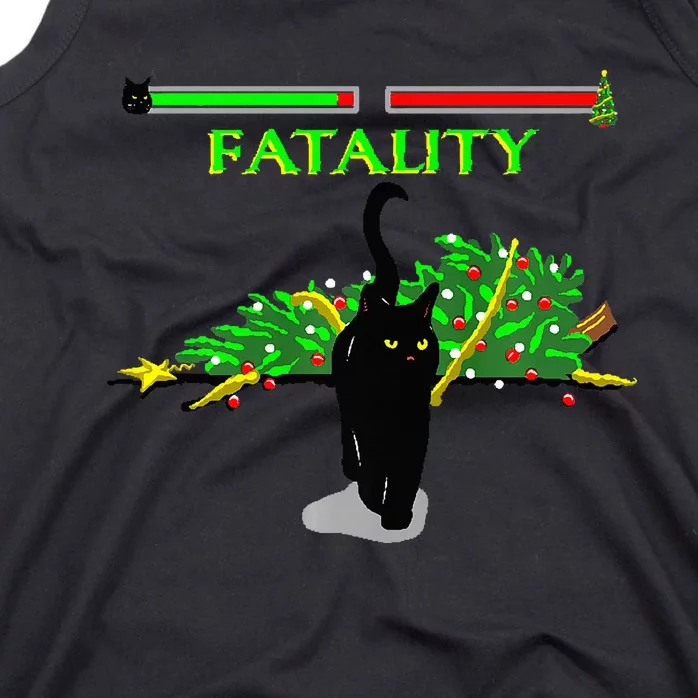 Black Cat Vs Christmas Tree Retro Video Fighting Game Funny Tank Top