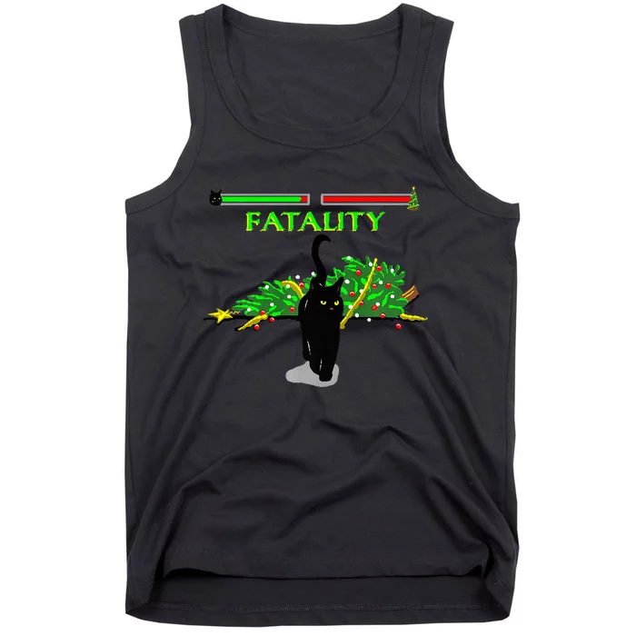 Black Cat Vs Christmas Tree Retro Video Fighting Game Funny Tank Top