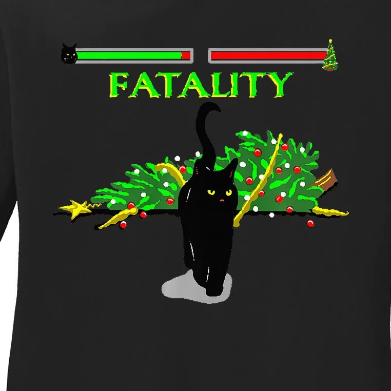 Black Cat Vs Christmas Tree Retro Video Fighting Game Funny Ladies Long Sleeve Shirt