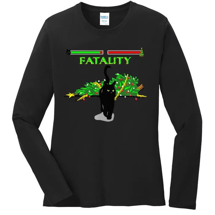 Black Cat Vs Christmas Tree Retro Video Fighting Game Funny Ladies Long Sleeve Shirt