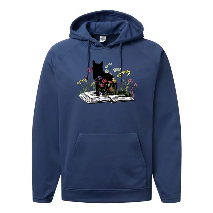 Black Cat With Flowers Book Retro Meaningful Gift Performance Fleece Hoodie