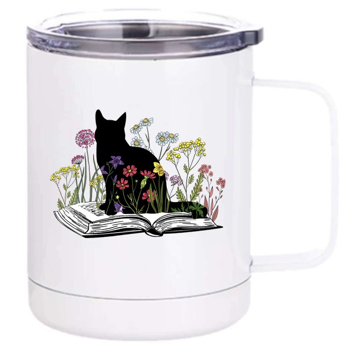 Black Cat With Flowers Book Retro Meaningful Gift Front & Back 12oz Stainless Steel Tumbler Cup