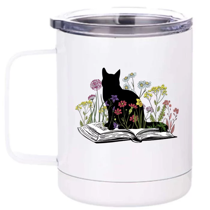 Black Cat With Flowers Book Retro Meaningful Gift Front & Back 12oz Stainless Steel Tumbler Cup