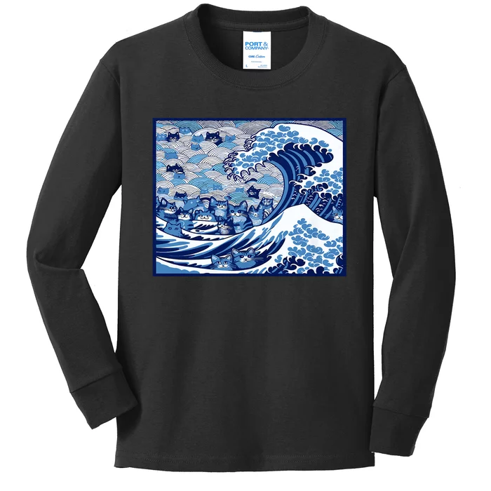 Blue Cats Wave For Kamala Funny Cat Ladies Wave Of Blue Design Kids Long Sleeve Shirt