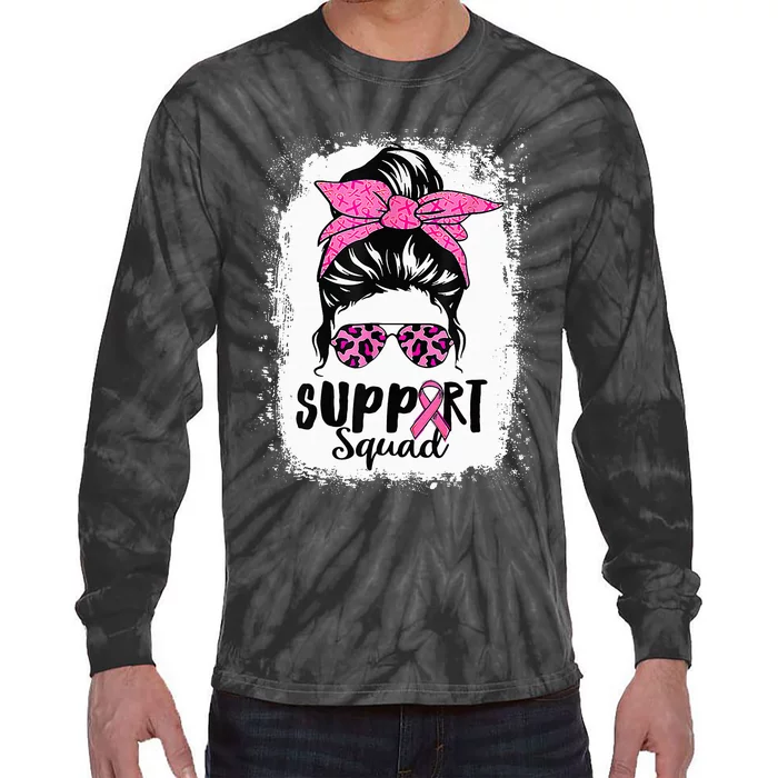 Breast Cancer Warrior Support Squad Messy Bun Pink Ribbon Tie-Dye Long Sleeve Shirt