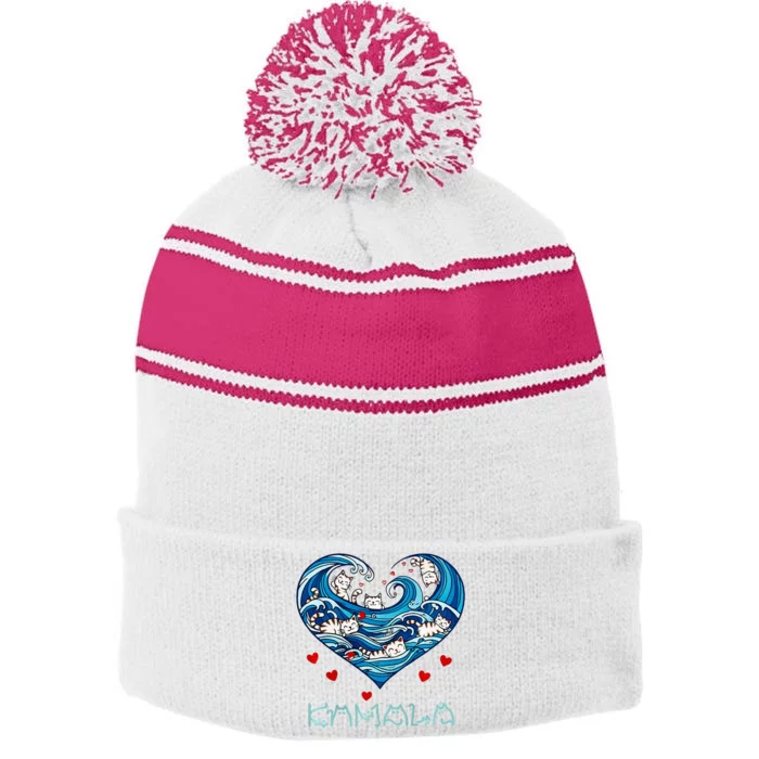 Blue Cats Wave Heart For Kamala Harris Cat Owners Stripe Pom Pom Beanie