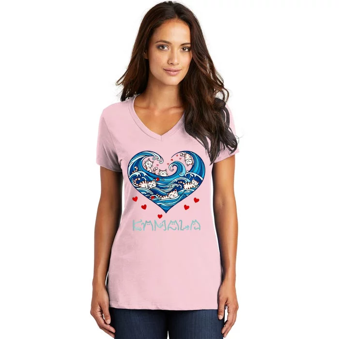 Blue Cats Wave Heart For Kamala Harris Cat Owners Women's V-Neck T-Shirt