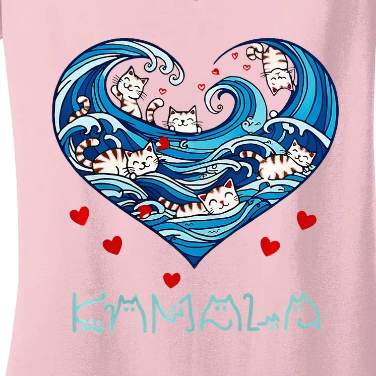 Blue Cats Wave Heart For Kamala Harris Cat Owners Women's V-Neck T-Shirt