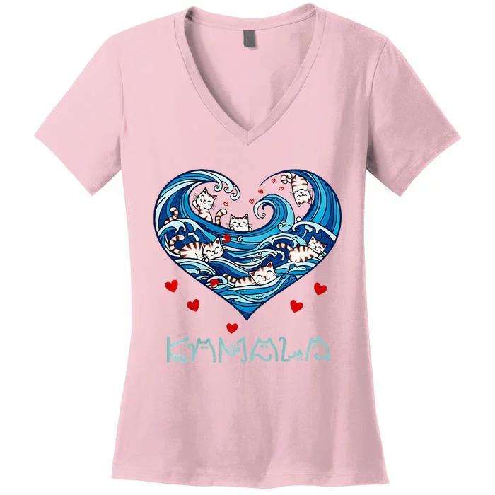 Blue Cats Wave Heart For Kamala Harris Cat Owners Women's V-Neck T-Shirt