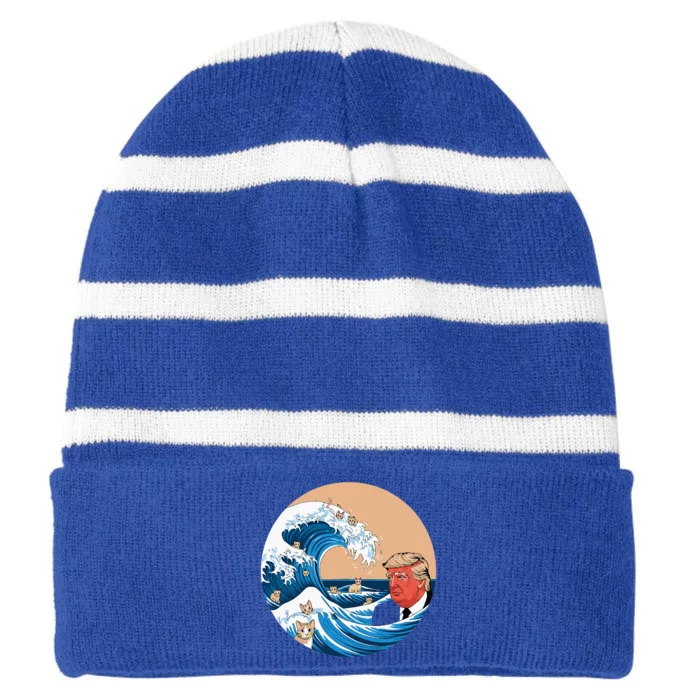 Blue Cat Wave Trump Kamala Striped Beanie with Solid Band