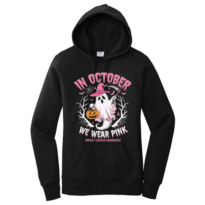 Breast Cancer Women Halloween Ghost In October We Wear Pin.K Women's Pullover Hoodie