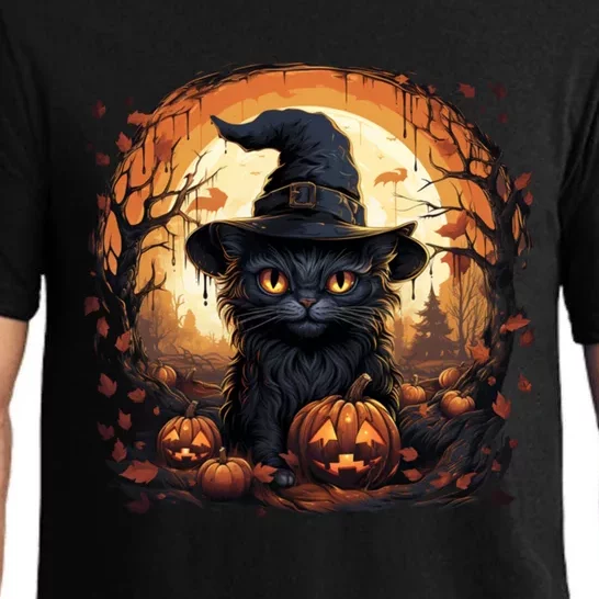 Black Cat Wearing Witch Hat Full Moon Halloween Costume Gift Pajama Set