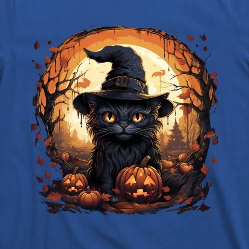 Black Cat Wearing Witch Hat Full Moon Halloween Costume Gift T-Shirt