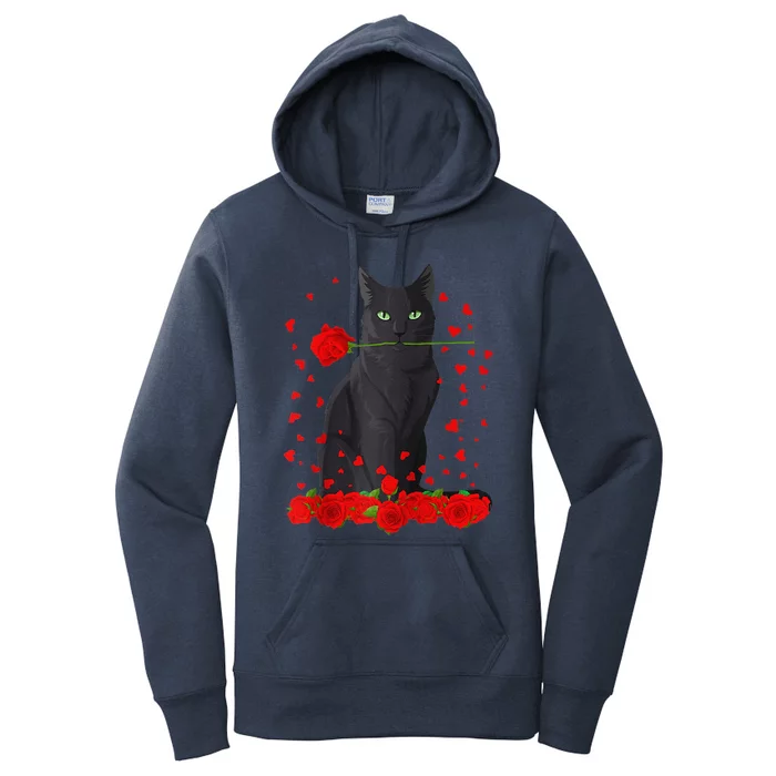 Black Cat With Red Roses Valentine's Day Women Raglan Baseball Cute Women's Pullover Hoodie