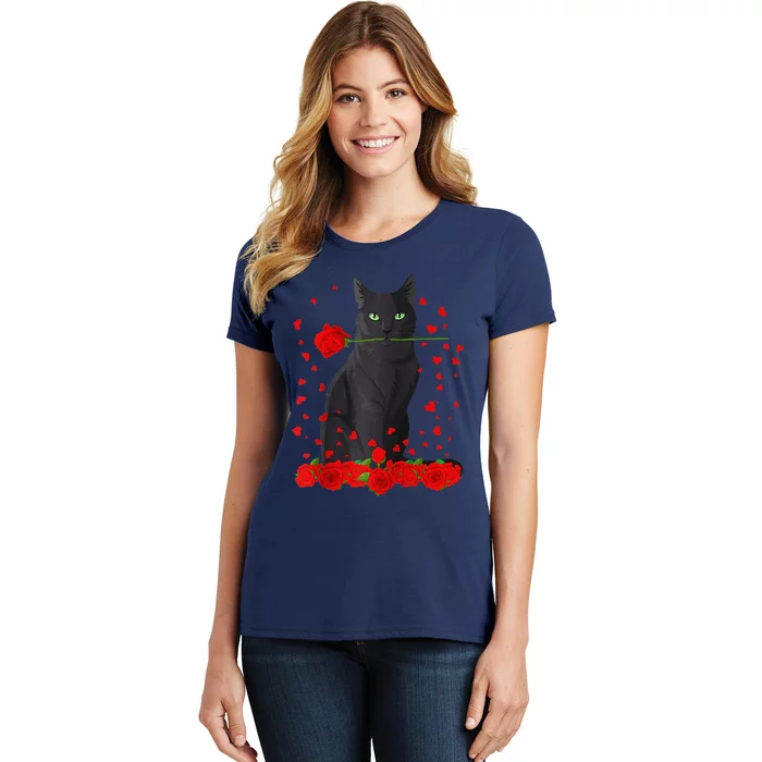 Black Cat With Red Roses Valentine's Day Women Raglan Baseball Cute Women's T-Shirt