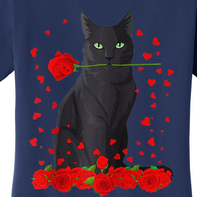 Black Cat With Red Roses Valentine's Day Women Raglan Baseball Cute Women's T-Shirt