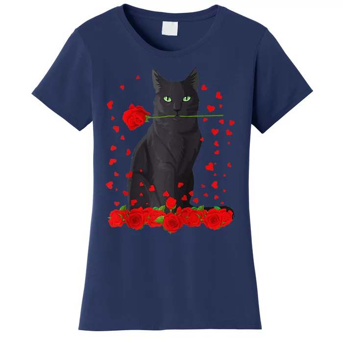 Black Cat With Red Roses Valentine's Day Women Raglan Baseball Cute Women's T-Shirt