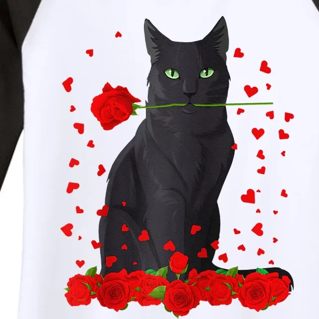 Black Cat With Red Roses Valentine's Day Women Raglan Baseball Cute Women's Tri-Blend 3/4-Sleeve Raglan Shirt