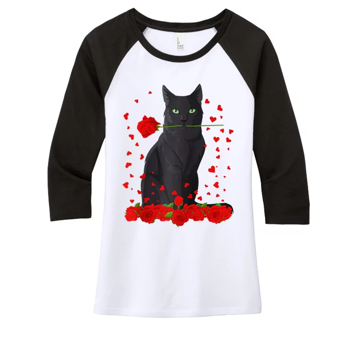 Black Cat With Red Roses Valentine's Day Women Raglan Baseball Cute Women's Tri-Blend 3/4-Sleeve Raglan Shirt