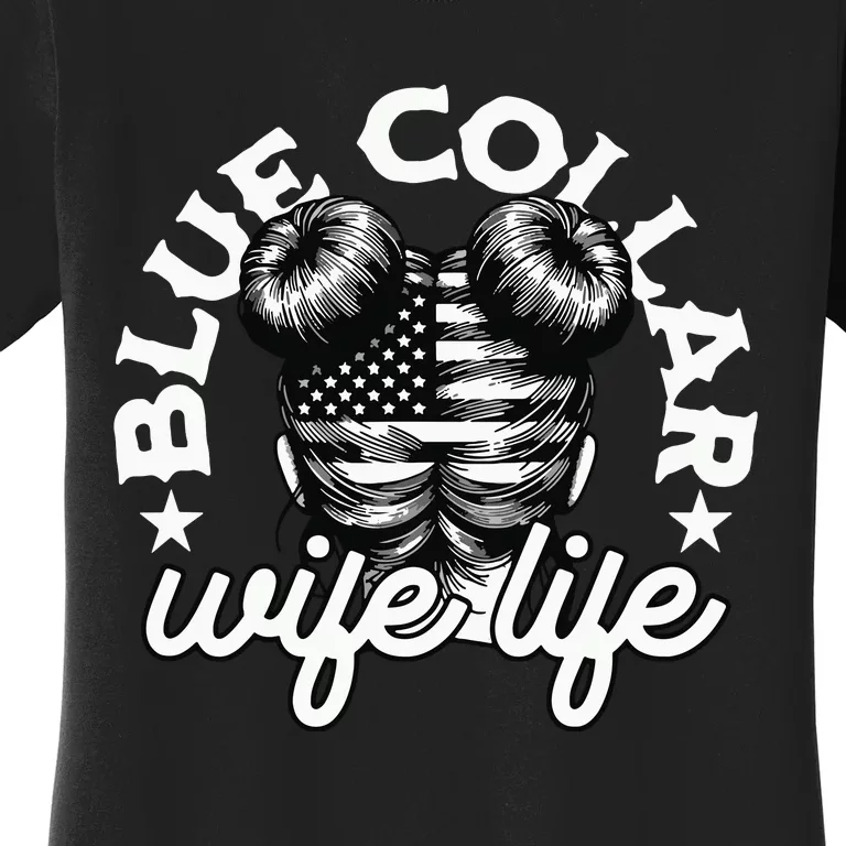 Blue Collar Wife Life Messy Hair Buns Usa Flag Women's T-Shirt