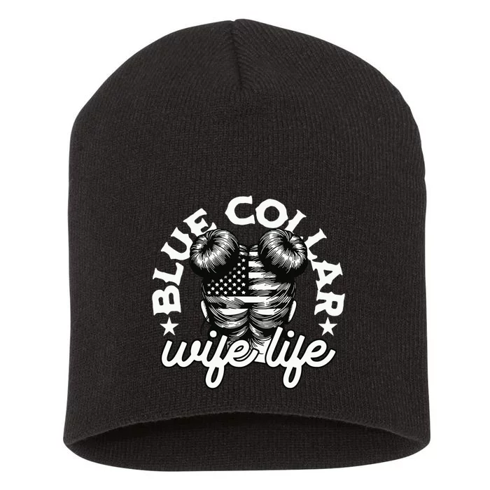 Blue Collar Wife Life Messy Hair Buns Usa Flag Short Acrylic Beanie