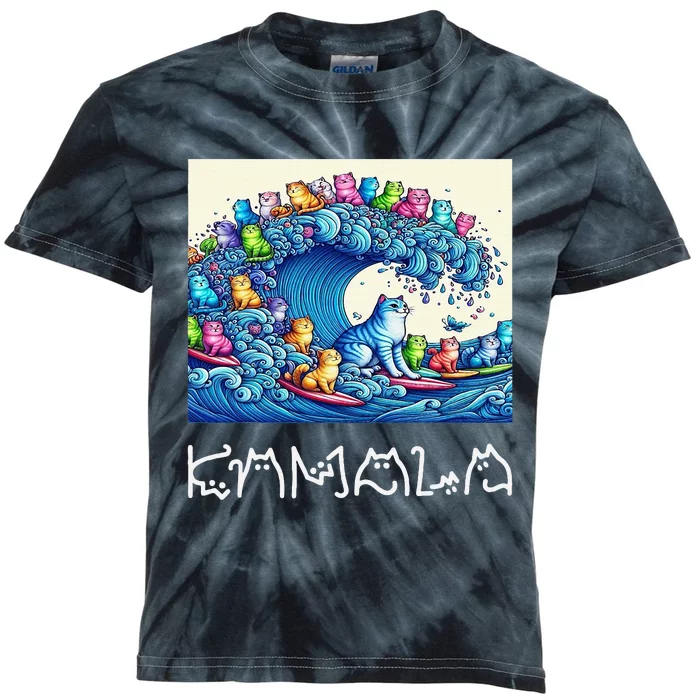 Blue Cats Wave For Kamala Harris Funny Kids Tie-Dye T-Shirt