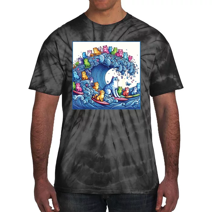 Blue Cats Wave For Kamala Funny Cat Lady Tie-Dye T-Shirt