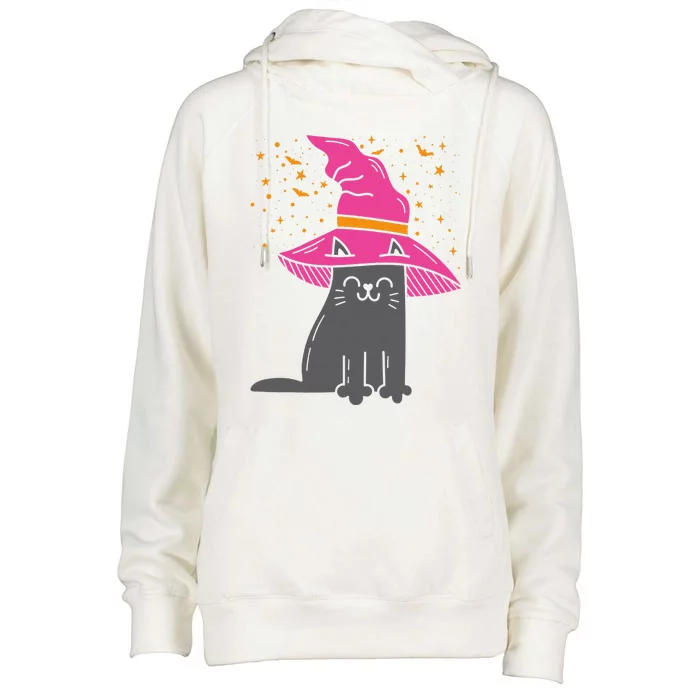 Black Cat Witch Hat Funny Halloween Animal Pet Kitten Womens Funnel Neck Pullover Hood