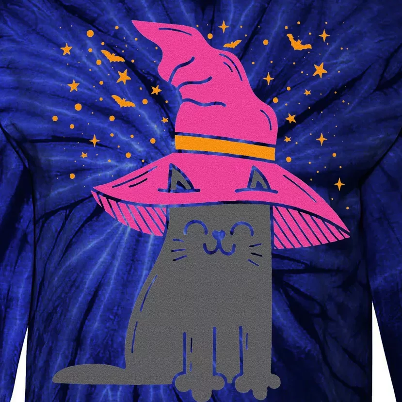 Black Cat Witch Hat Funny Halloween Animal Pet Kitten Tie-Dye Long Sleeve Shirt