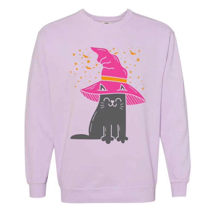 Black Cat Witch Hat Funny Halloween Animal Pet Kitten Garment-Dyed Sweatshirt