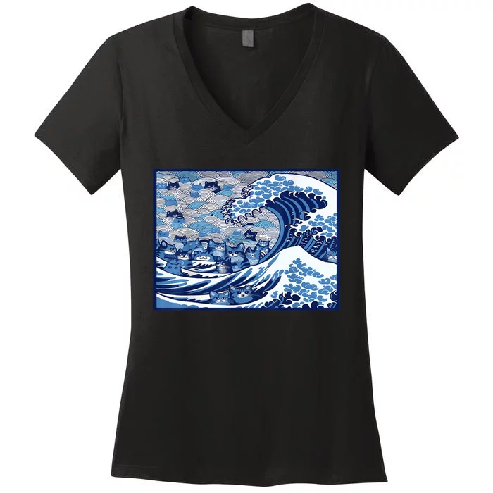 Blue Cats Wave For Kamala Funny Women's V-Neck T-Shirt