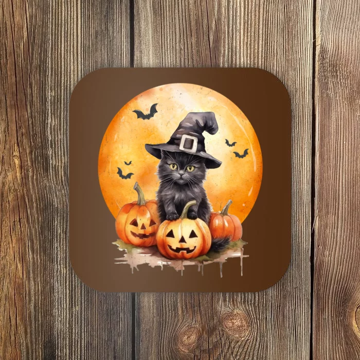 Black Cat Witch Hat Pumpkin Gift Coaster