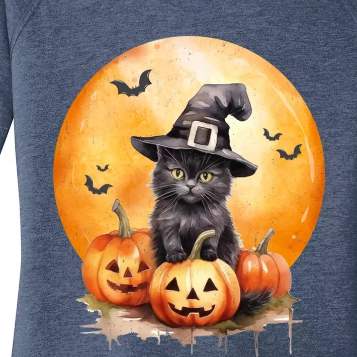 Black Cat Witch Hat Pumpkin Gift Women's Perfect Tri Tunic Long Sleeve Shirt