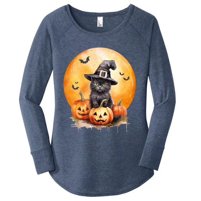 Black Cat Witch Hat Pumpkin Gift Women's Perfect Tri Tunic Long Sleeve Shirt