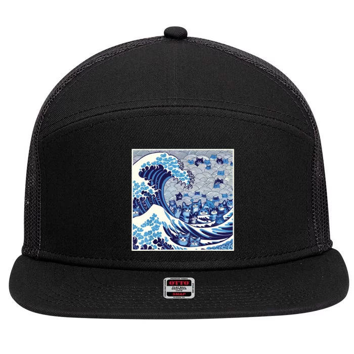 Blue Cats Wave For Kamala Funny Cat Lady 7 Panel Mesh Trucker Snapback Hat