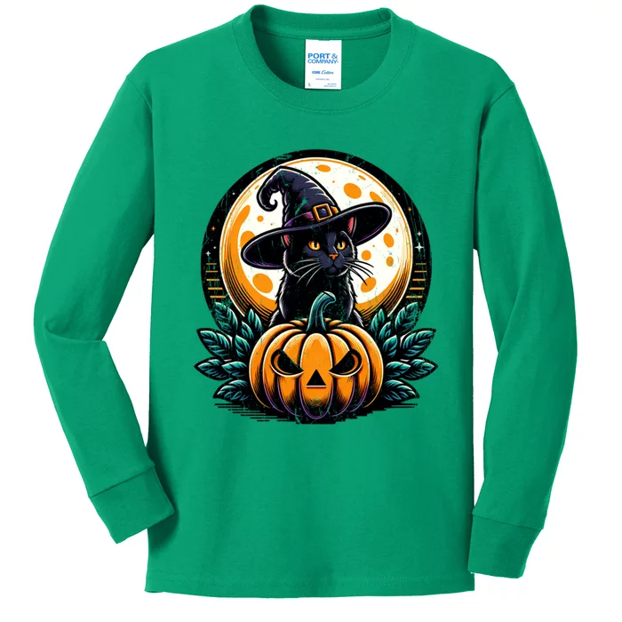 Black Cat Witch Hat Pumpkin For Halloween Kids Long Sleeve Shirt