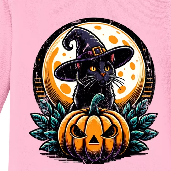 Black Cat Witch Hat Pumpkin For Halloween Baby Long Sleeve Bodysuit