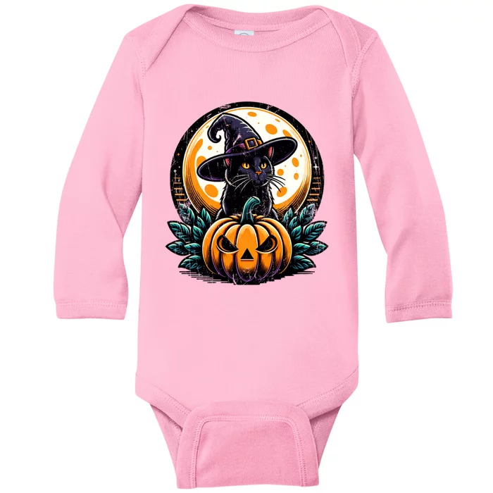 Black Cat Witch Hat Pumpkin For Halloween Baby Long Sleeve Bodysuit