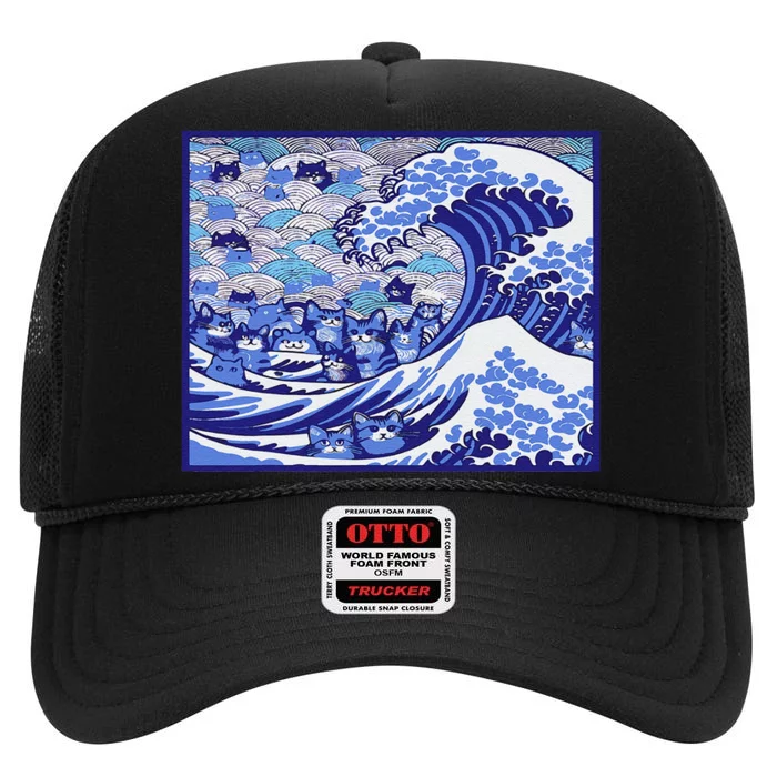 Blue Cats Wave For Kamala Funny Gift High Crown Mesh Trucker Hat