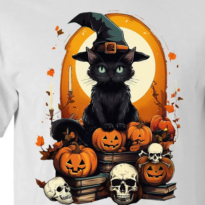 Black Cat Witch Reading Book Spooky Halloween Vibe Tall T-Shirt